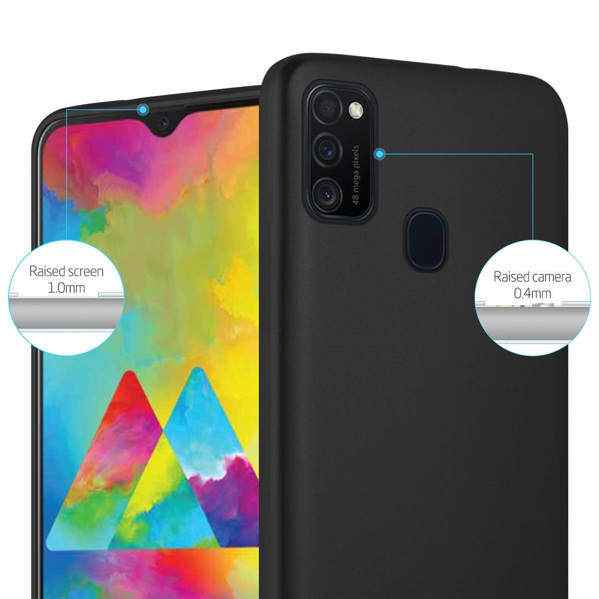 Funda de teléfono negra, que muestra los bordes elevados de la pantalla y la cámara, detallando el diseño protector.