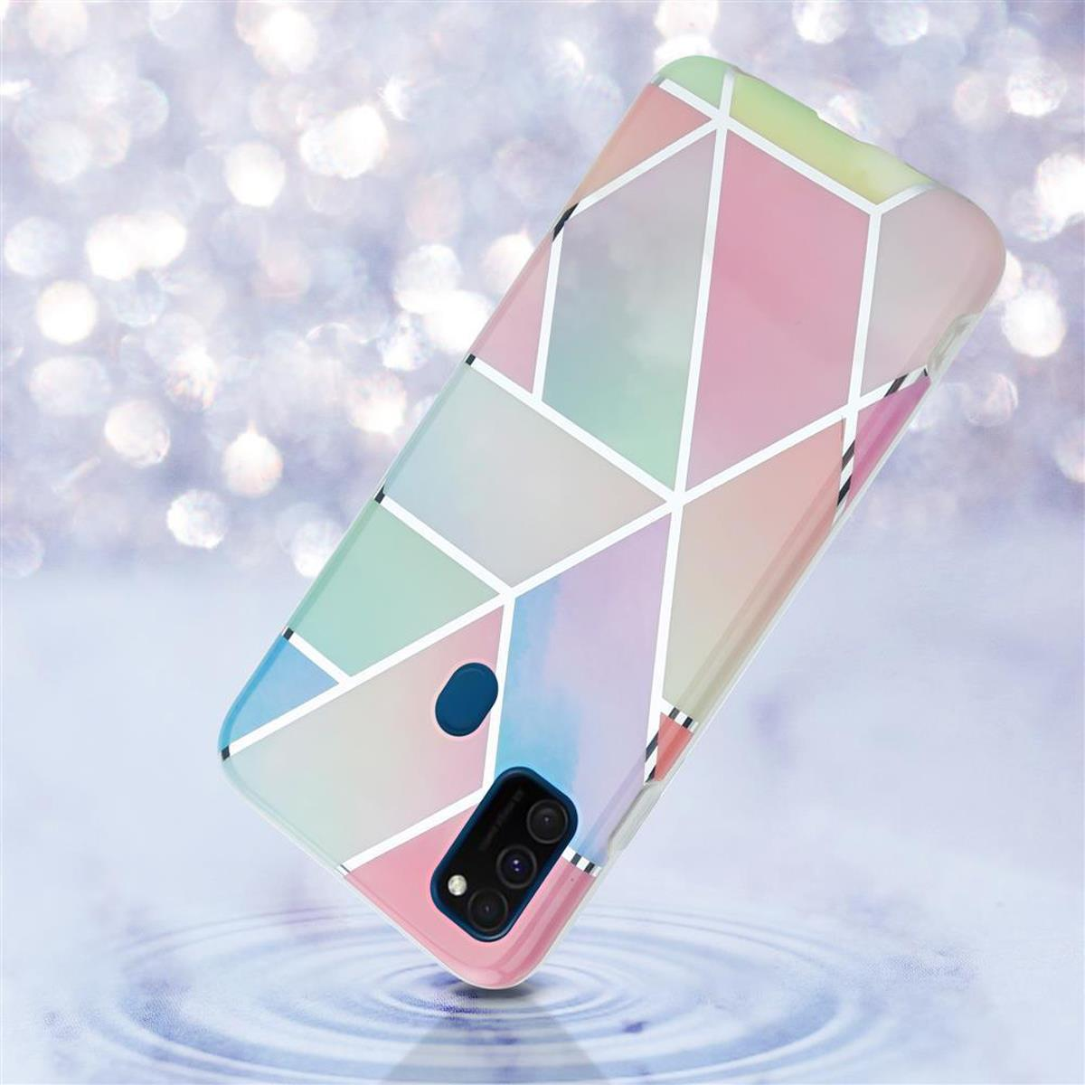 Una custodia per telefono con un design geometrico colorato fluttua. Lo sfondo è un effetto bokeh simile all'acqua.