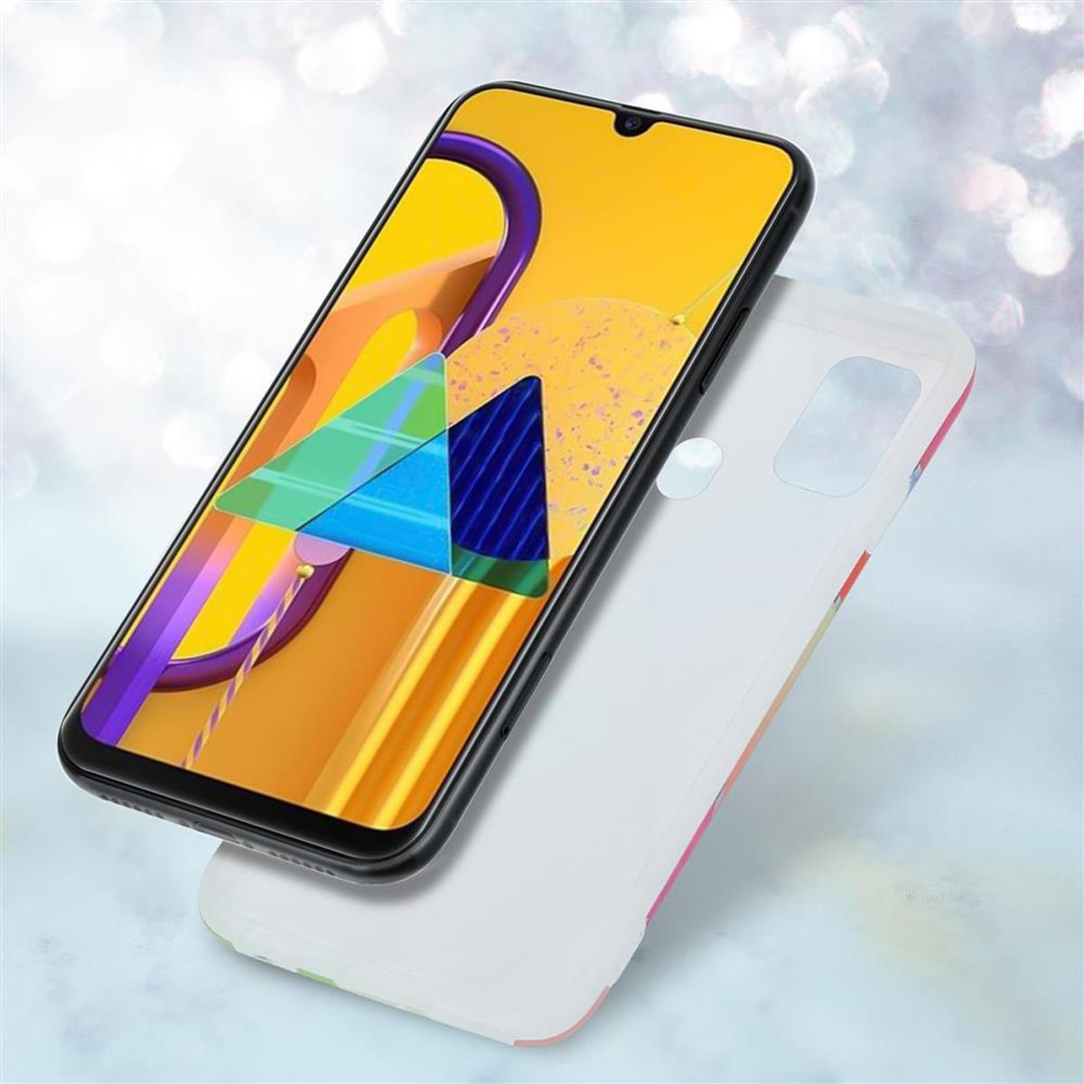 Smartphone con schermo giallo e custodia bianca dal design colorato. Il telefono è su sfondo bianco.