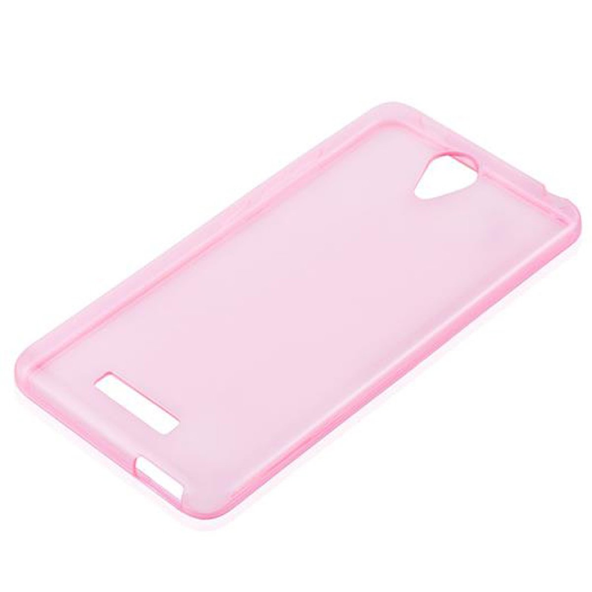 Una custodia per telefono rosa su sfondo bianco. Ha ritagli per pulsanti e fotocamera.