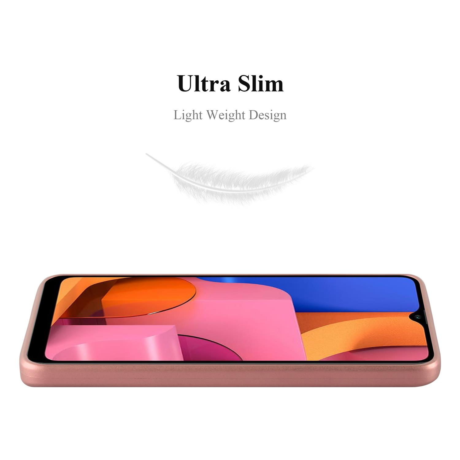 Telefon in rosa Hülle mit ultra-schlankem Design. Text: Ultra Slim. Oben eine Feder.