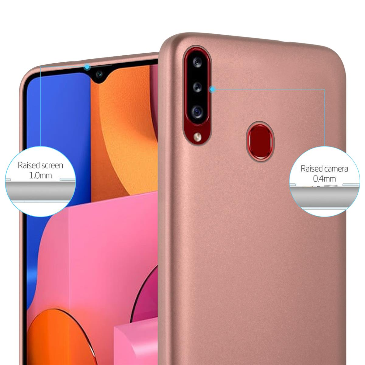 Roségoldenes Handycase mit erhöhten Rändern für Bildschirm und Kamera. Nahaufnahme Detailansicht.