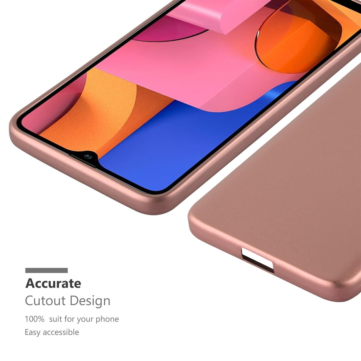 Ein Telefon befindet sich in einer roségoldenen Hülle. Die Hülle hat einen Ausschnitt für die Kamera.