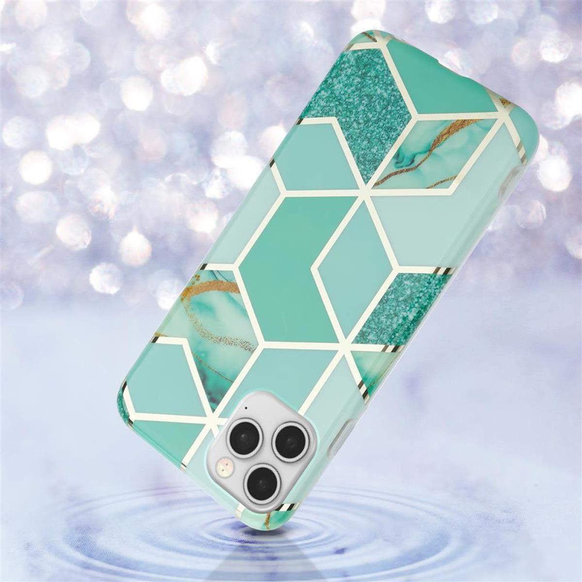 Custodia per telefono color acqua con un design geometrico. La custodia ha un motivo blu chiaro e oro.