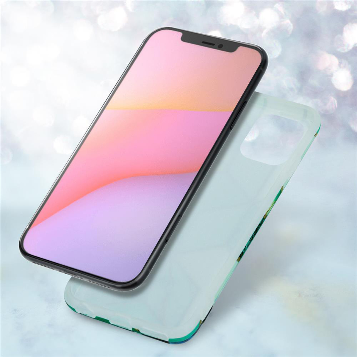 Smartphone con custodia. Il telefono mostra una sfumatura rosa e viola. La custodia è bianca.