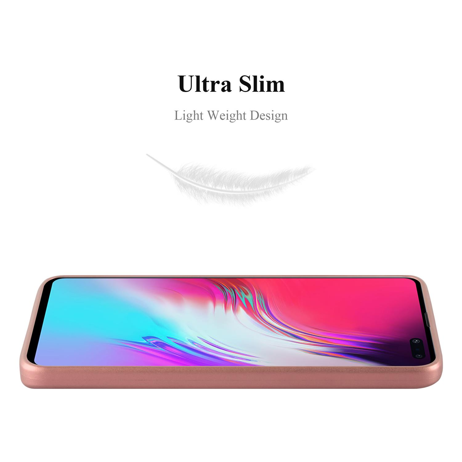Custodia per telefono oro rosa. Design sottile e leggero. Sfondo bianco.
