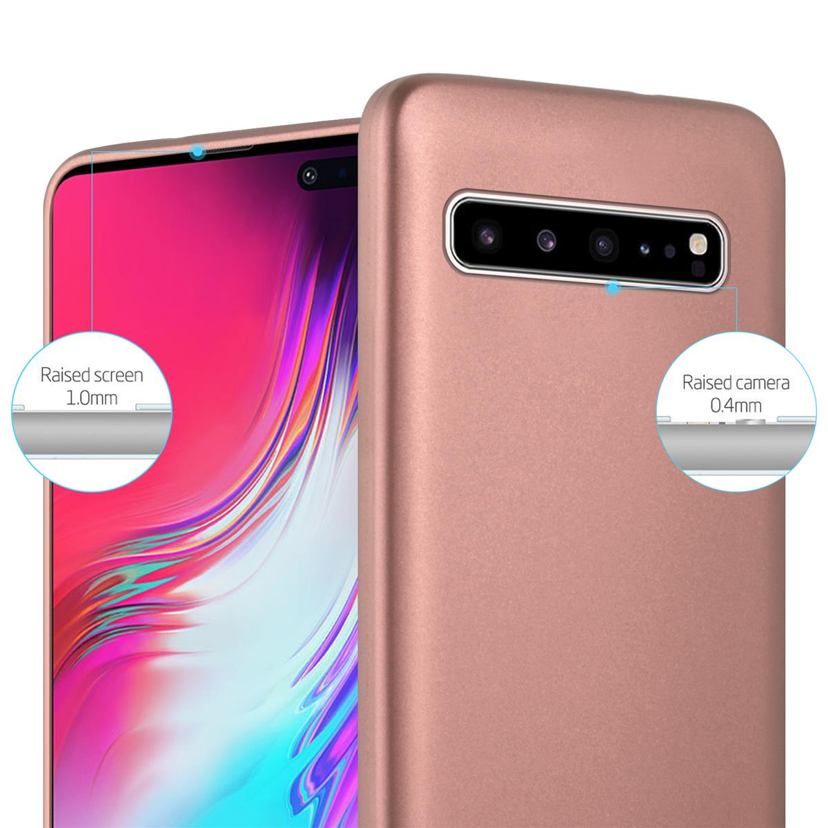 Custodia oro rosa con telefono. Sono evidenziati i bordi rialzati dello schermo e della fotocamera.
