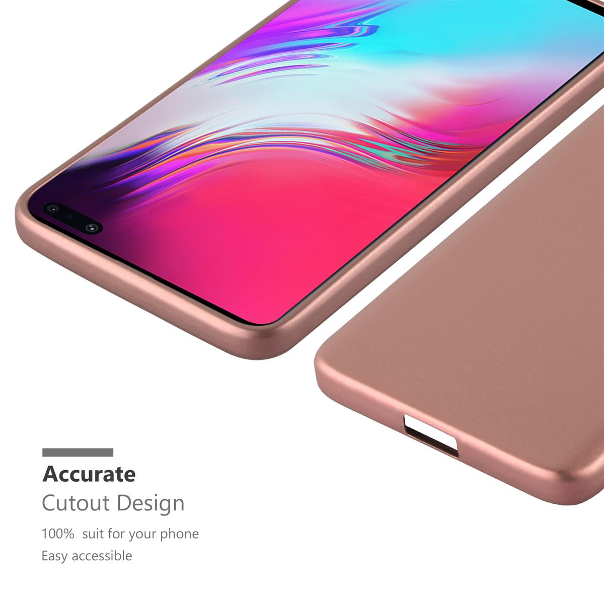 Custodia per telefono in oro rosa, che mostra il design del telefono. Un design ritagliato è visibile e la custodia è facilmente accessibile.