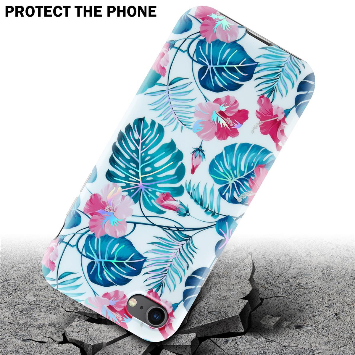Custodia bianca per telefono con design floreale, pavimento incrinato. Proteggi il telefono.