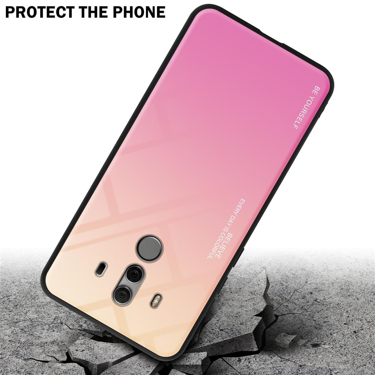 Telefono con custodia sfumata rosa, che rompe una superficie. Il telefono è su una superficie incrinata.