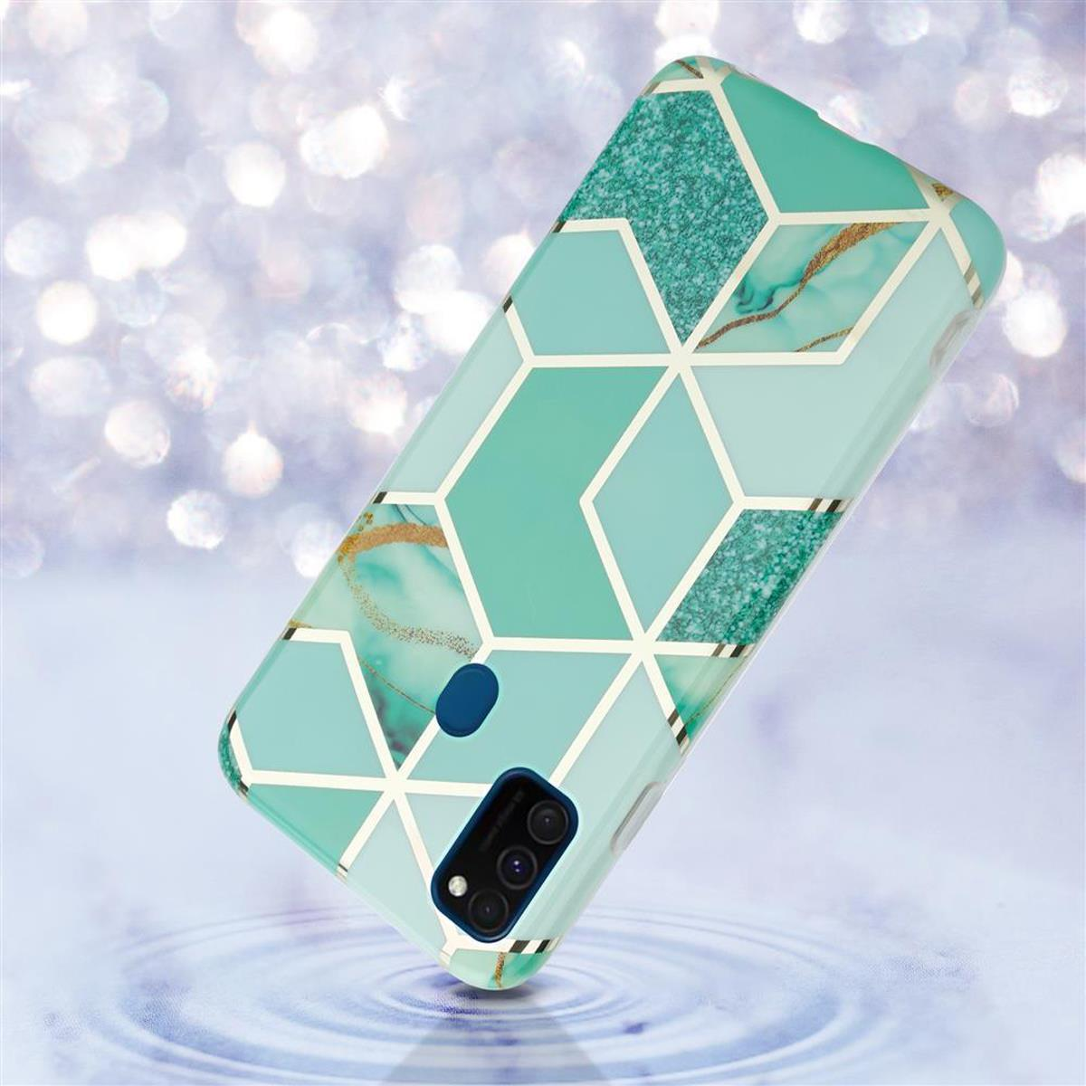 Custodia per telefono con design geometrico in menta e oro. Lo sfondo ha un effetto acqua.