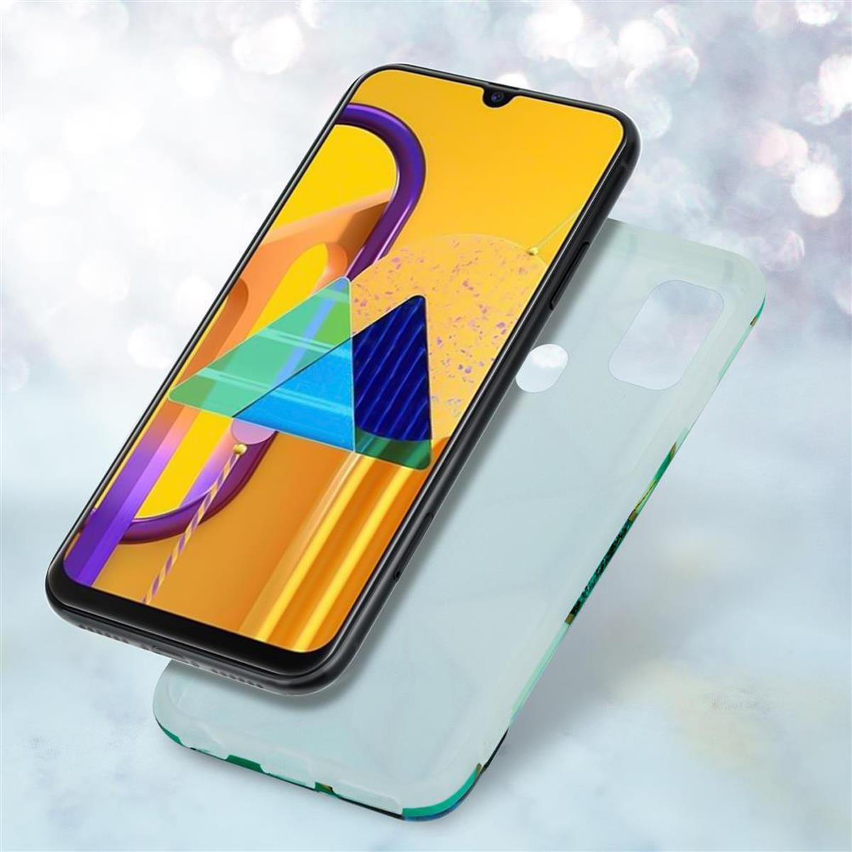 Telefono con custodia. La custodia è azzurra con un design.