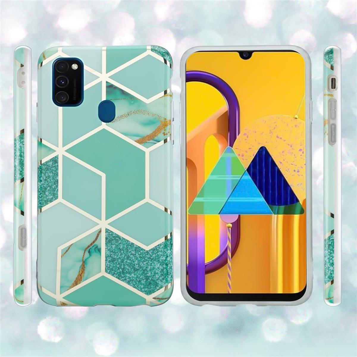 Una custodia per telefono con un design colorato. Un telefono è sul lato destro. Vengono mostrati altri lati della custodia.