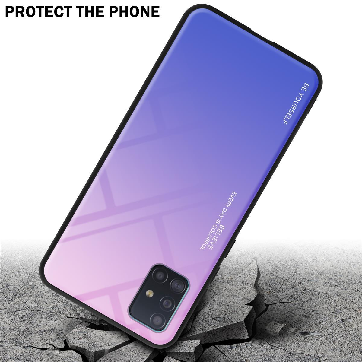 Custodia per telefono con gradiente blu-viola. Il telefono è su una superficie di cemento incrinata. Testo: Proteggi il telefono.