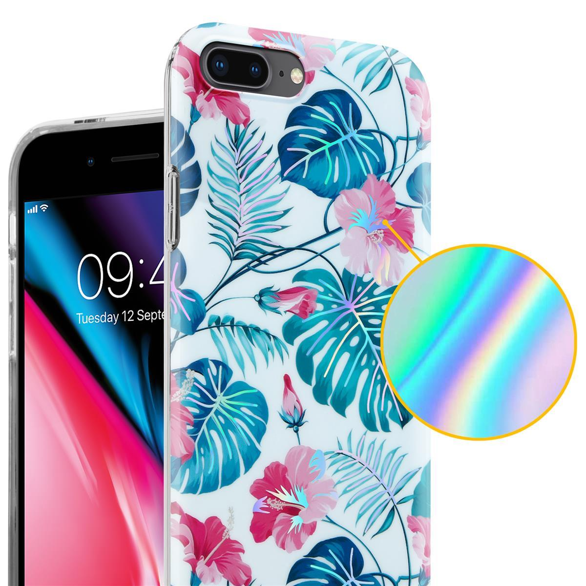 Custodia per telefono con motivo floreale. Il telefono è nella custodia con un dettaglio olografico.