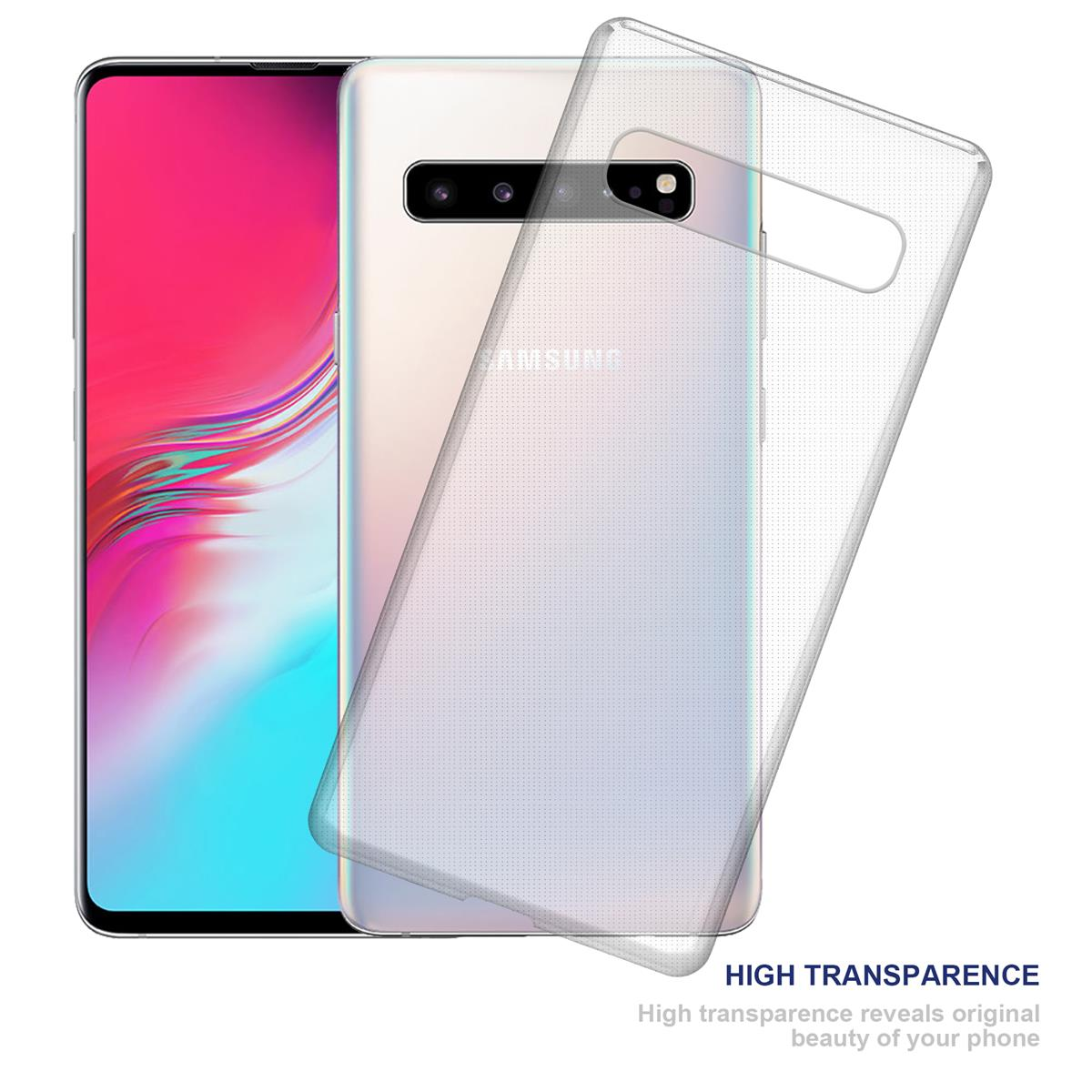 Telefon mit Hülle und transparentem Displayschutz. Die Rückseite des Telefons ist sichtbar.