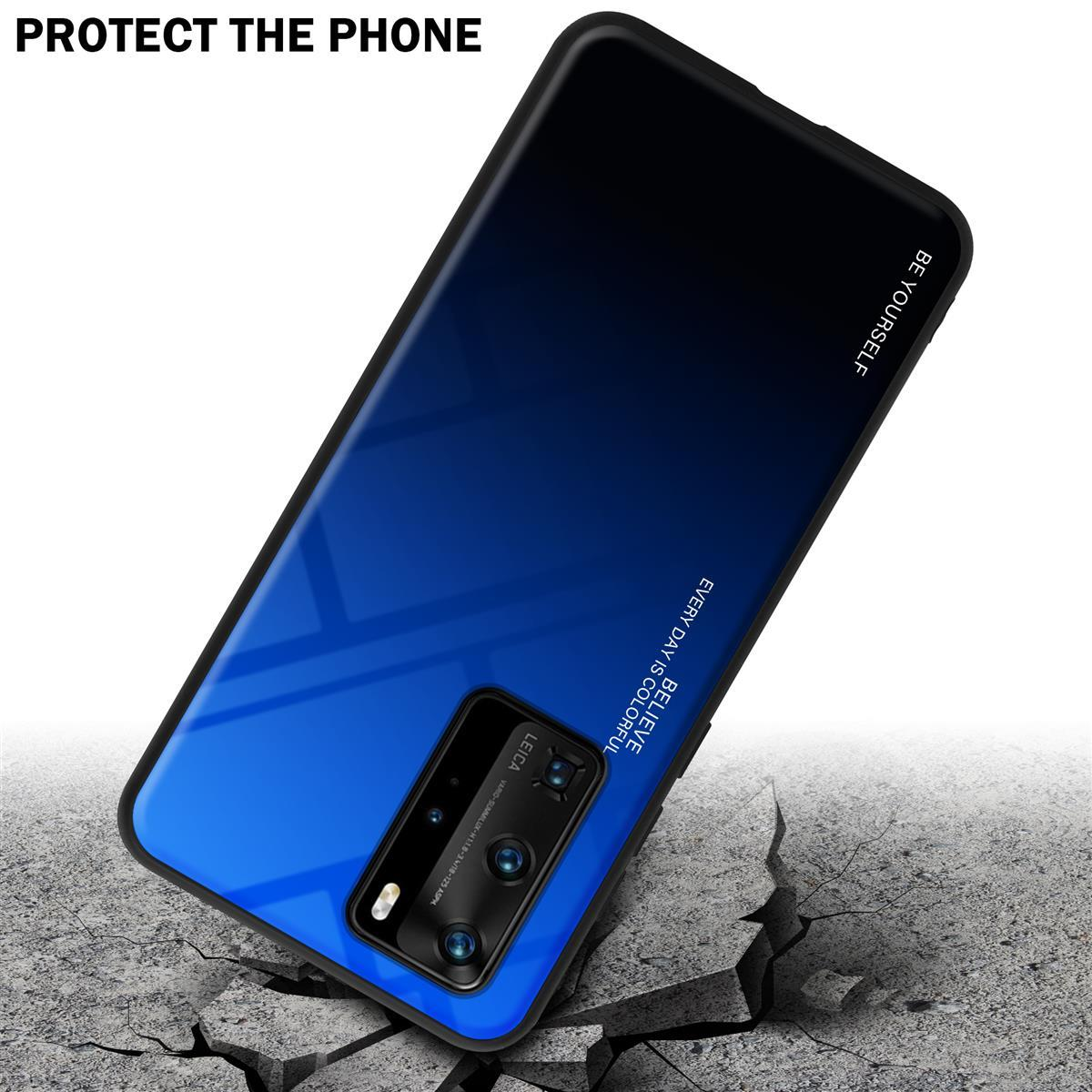 Telefonhülle, blauer Farbverlauf, schwarzer Deckel. Telefon ist über einer gerissenen Betonoberfläche abgewinkelt. Text lautet "PROTECT THE PHONE".