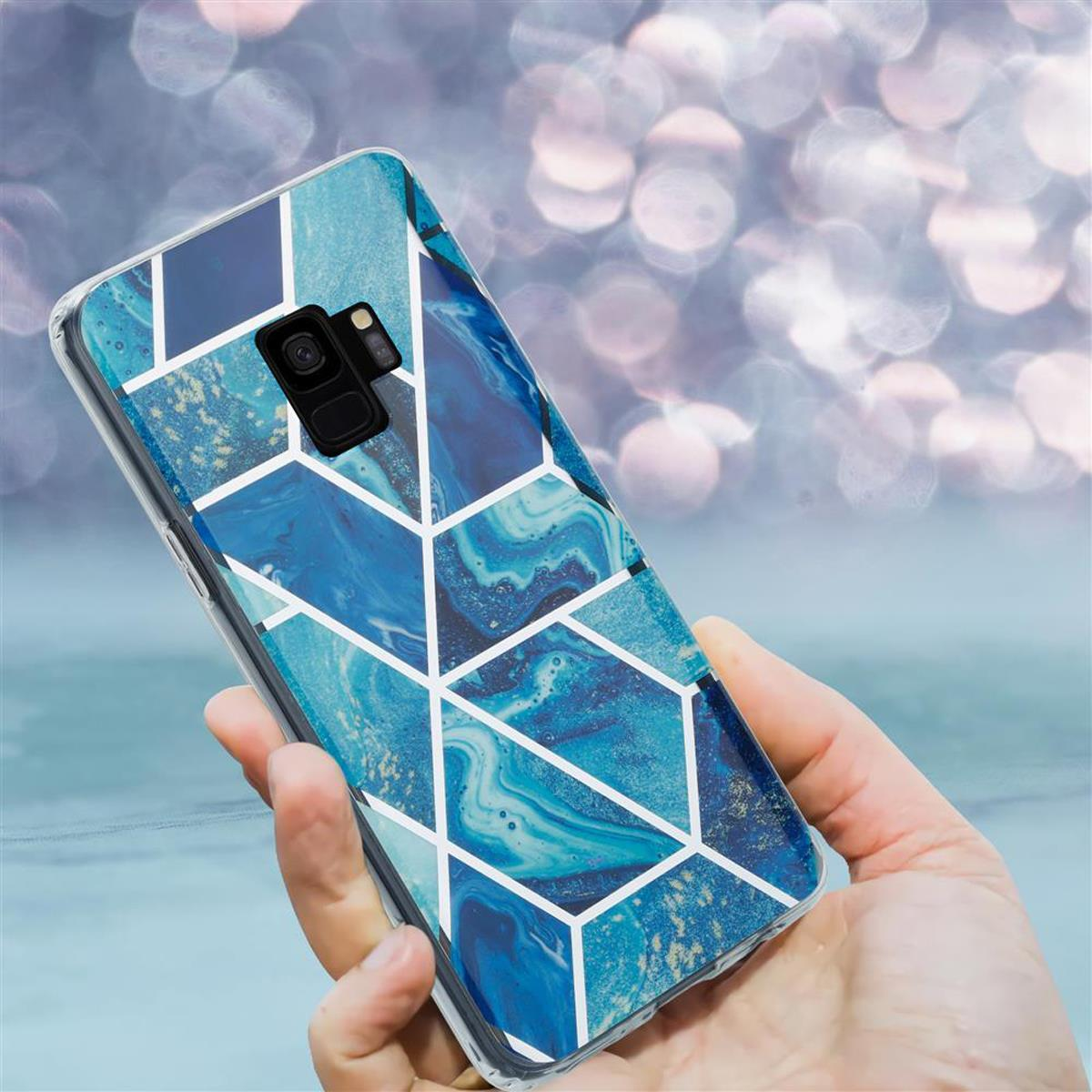 TPU Samsung, Bunter Hülle Blaue Marmor Marmor, Galaxy S9 PLUS, IMD Backcover, No. Welle CADORABO 13