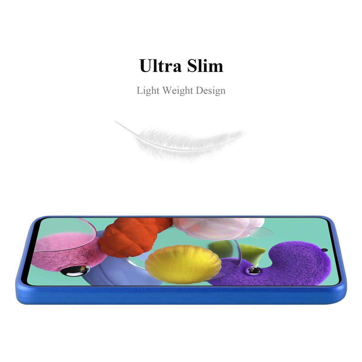 Eine blaue Handyhülle mit einem blauen Telefon darin. Der Hintergrund ist weiß. Der Text lautet "Ultra Slim" und "Light Weight Design".