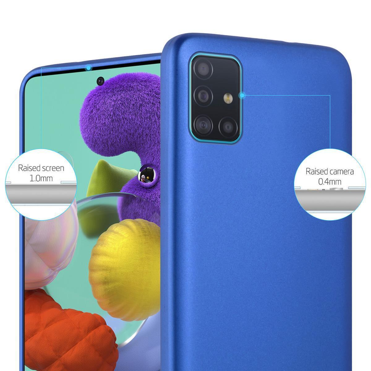 Eine blaue Handyhülle. Erhöhter Bildschirm- und Kameraschutz ist in Kreisen auf dem Telefon vermerkt.