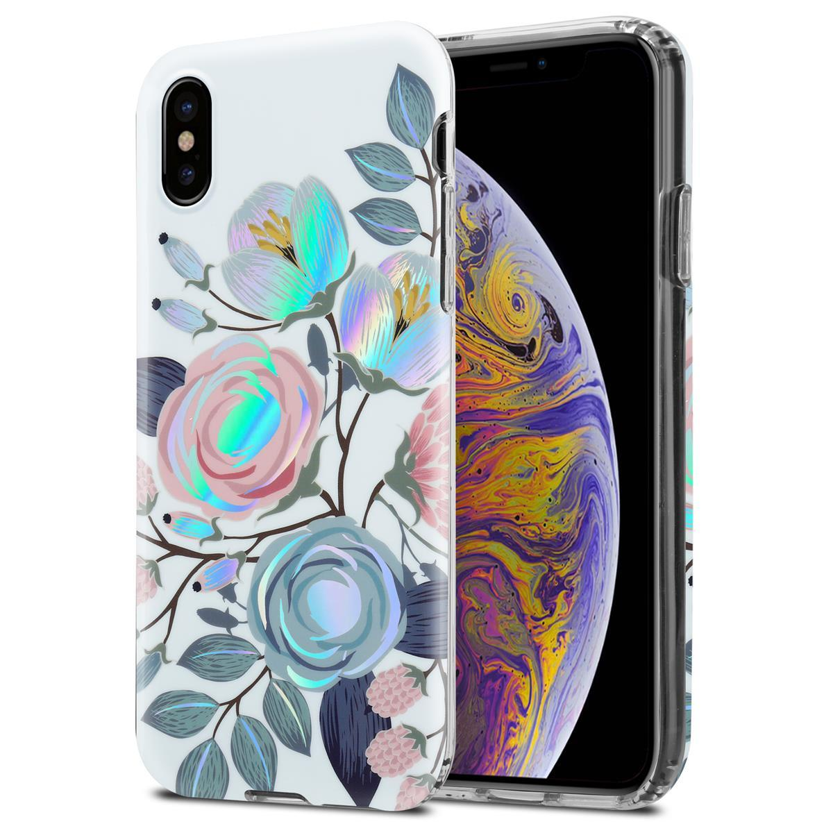 Custodia bianca per telefono con design floreale. Fiori rosa, blu e gialli, foglie e un telefono all'interno.