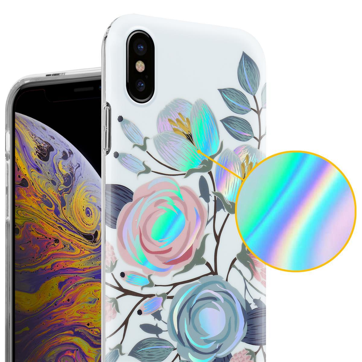 Primo piano di un telefono con custodia floreale. La custodia è bianca, con fiori colorati e un dettaglio circolare.