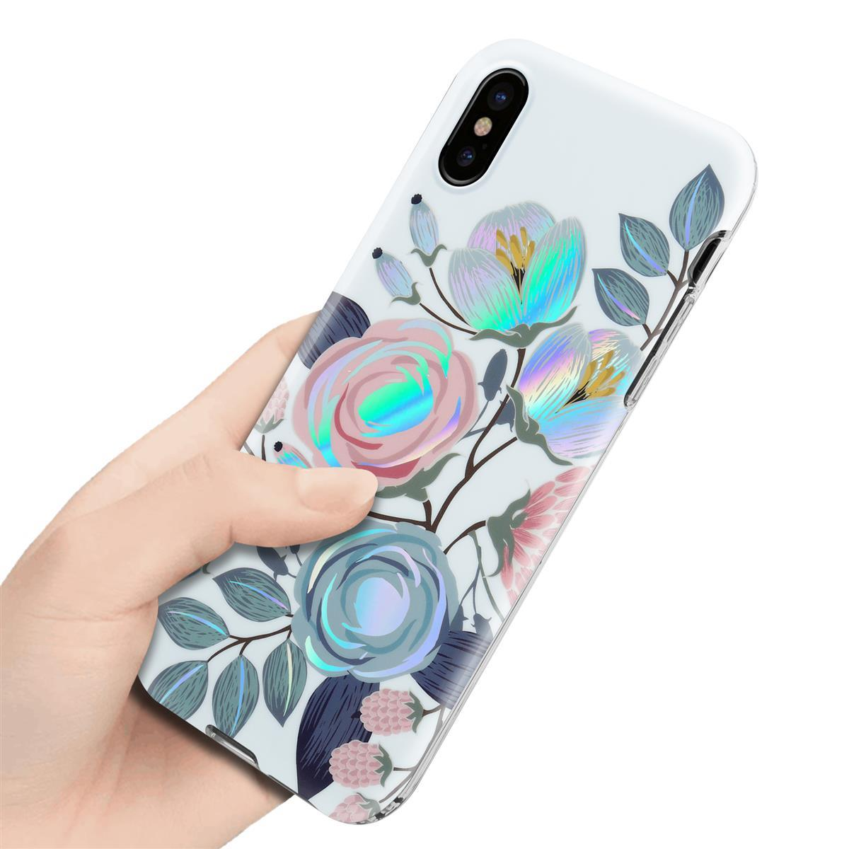 Mano che tiene una custodia trasparente con un design floreale.