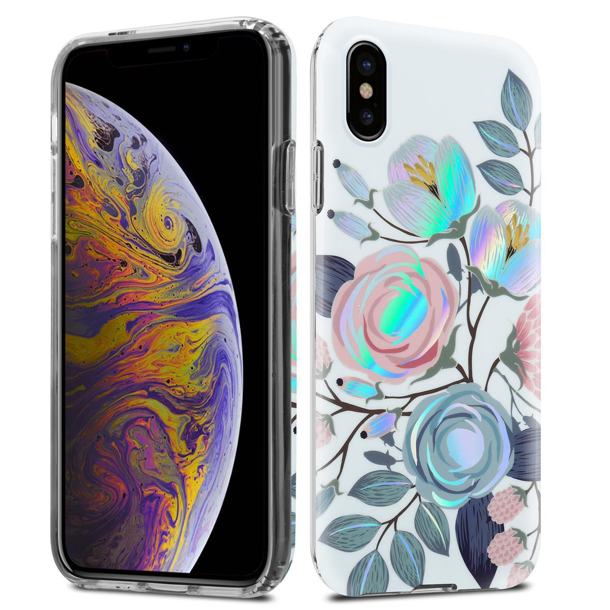 Telefono con custodia floreale. La custodia ha fiori rosa, blu e bianchi.