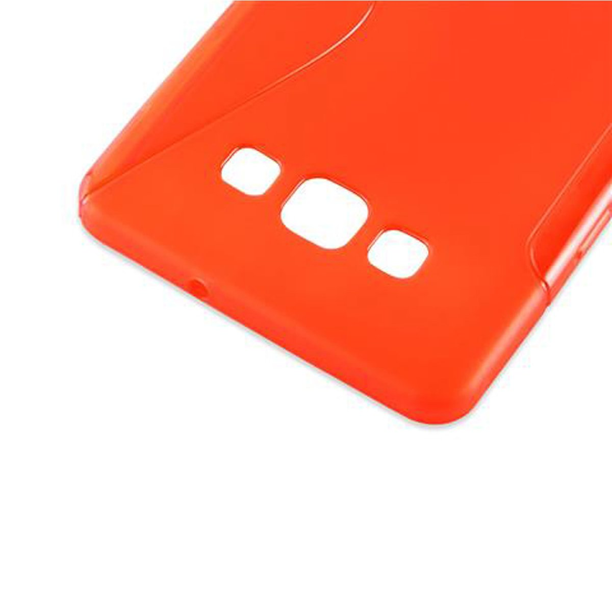 Custodia arancione per telefono. Primo piano che mostra il retro della custodia con ritagli.