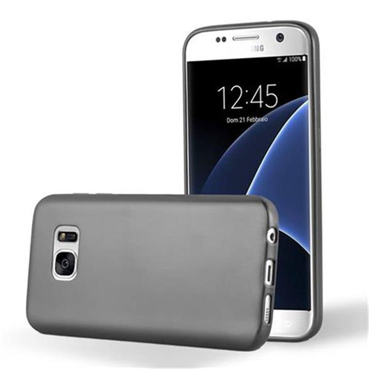 Funda gris para teléfono con teléfono, mostrando la hora y la fecha, sobre fondo blanco.
