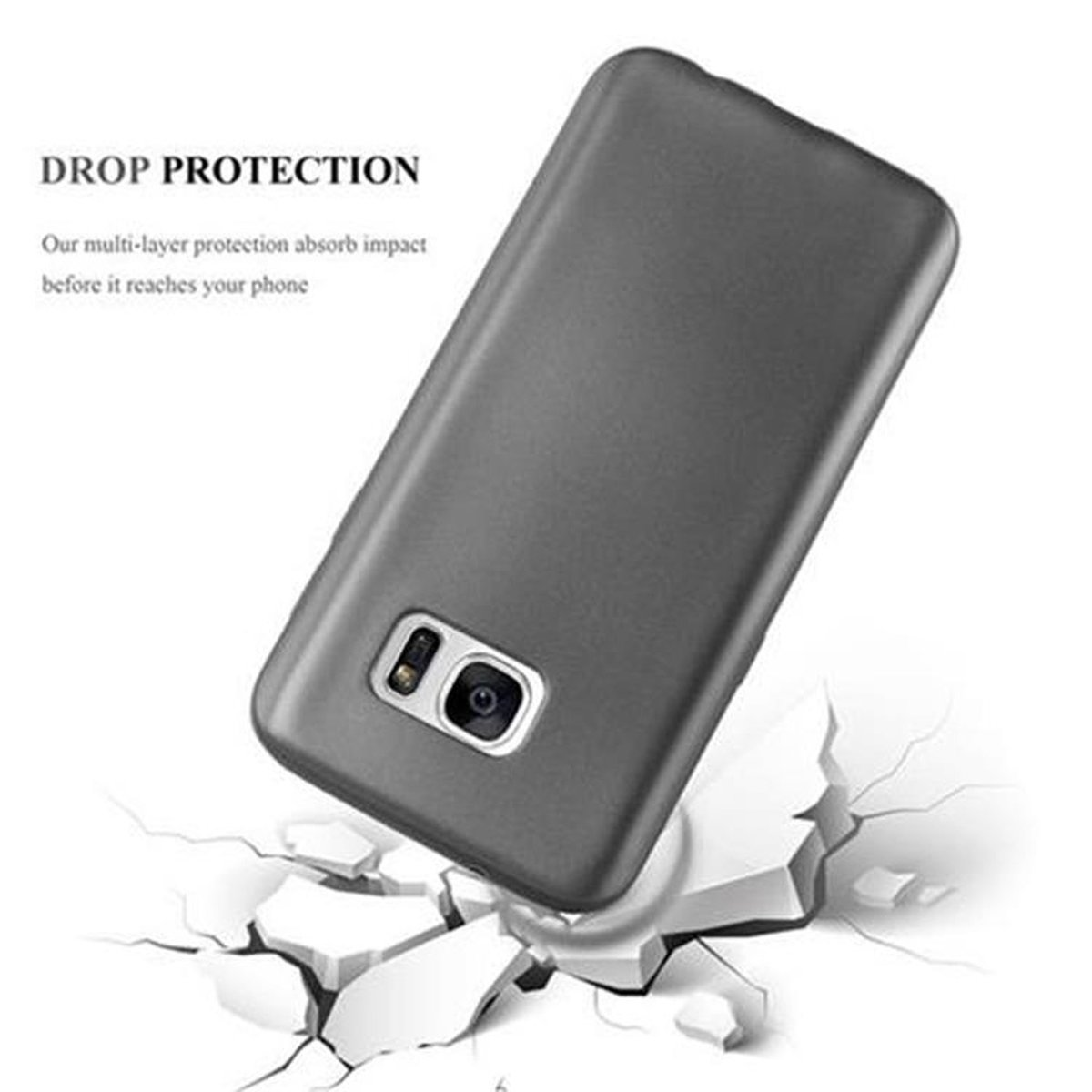 Una funda gris para teléfono, con las palabras 'DROP PROTECTION'. La funda parece estar en el suelo.