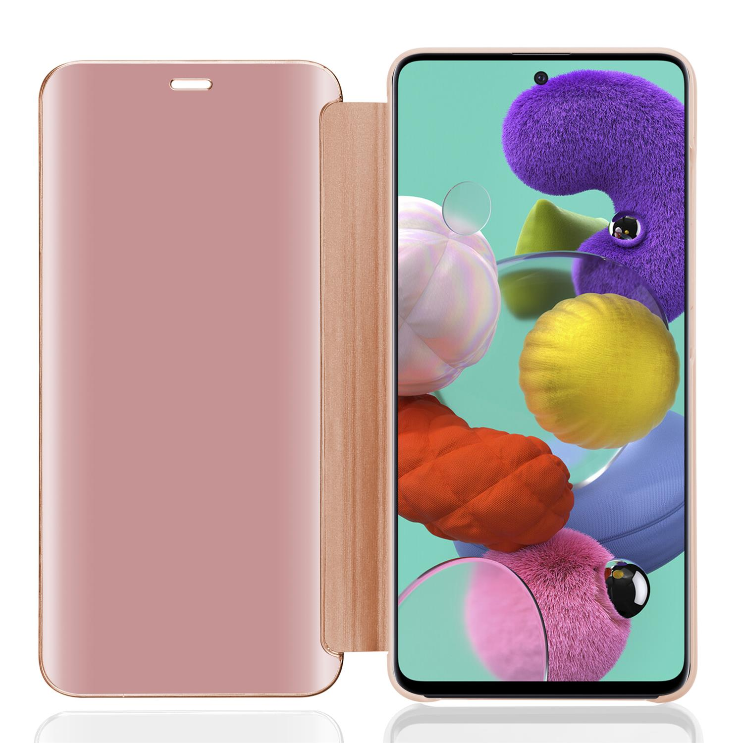 Custodia per telefono rosa con un telefono all'interno. Lo schermo del telefono è acceso.