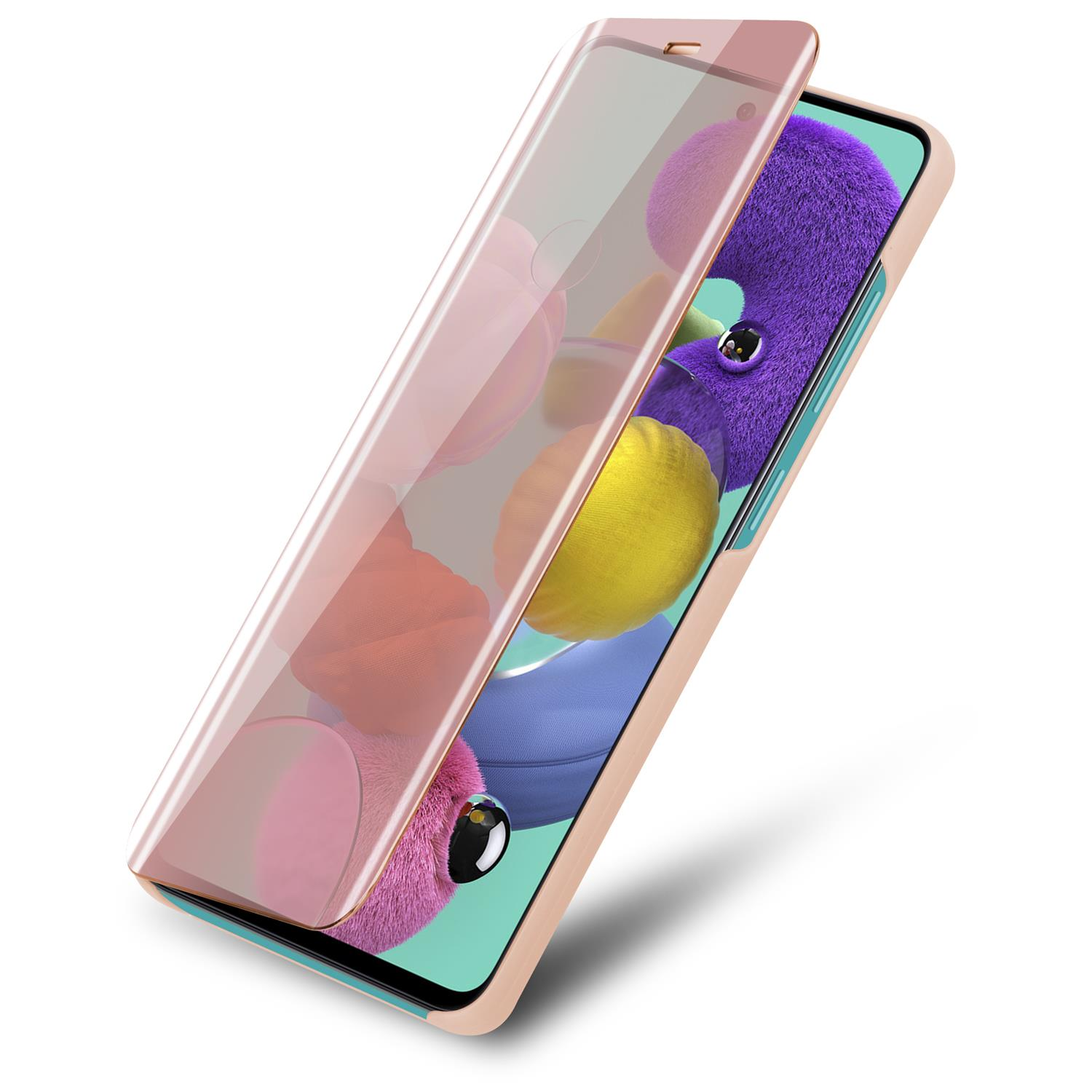 Custodia per telefono rosa e protezione schermo. La protezione schermo è trasparente e il telefono è colorato.