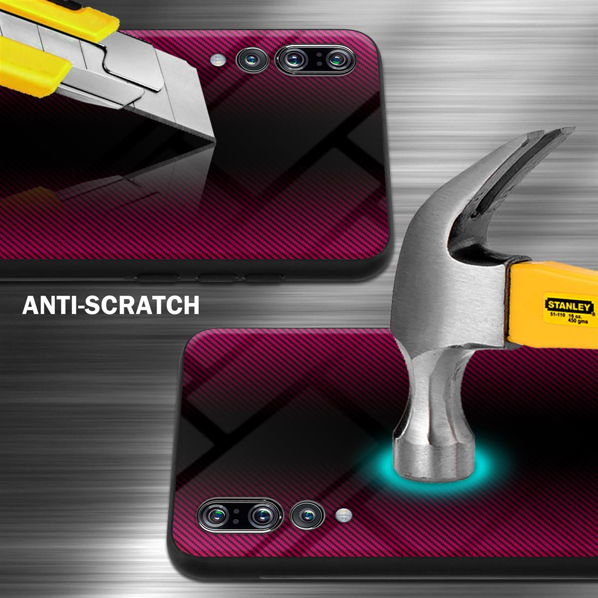 Custodia per telefono con motivo viola con taglierino giallo e martello. È scritto antigraffio.