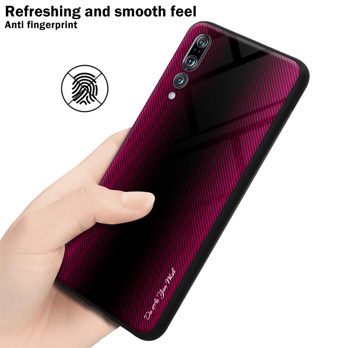 Una mano che tiene un telefono con una cover a fantasia rossa e nera.