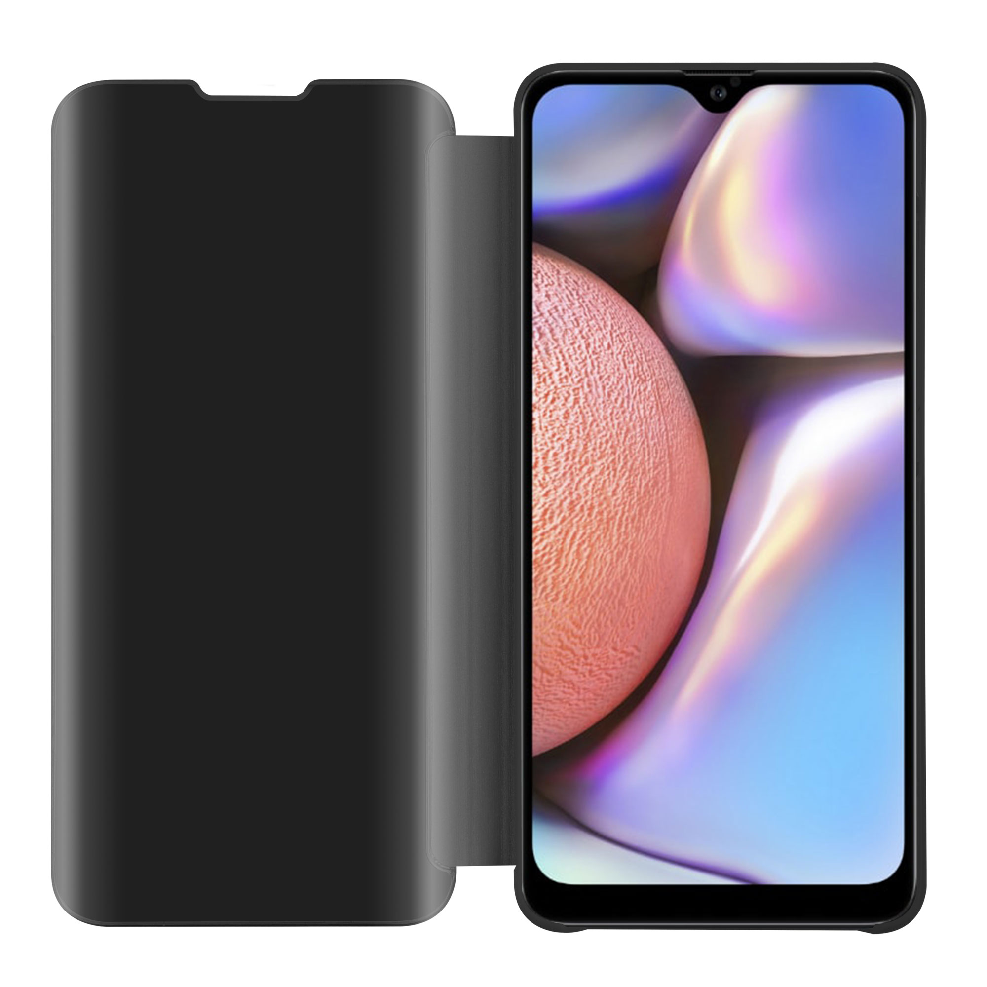 Un telefono nero in una custodia a libro nera, lo schermo del telefono visibile con uno sfondo azzurro e rosa.
