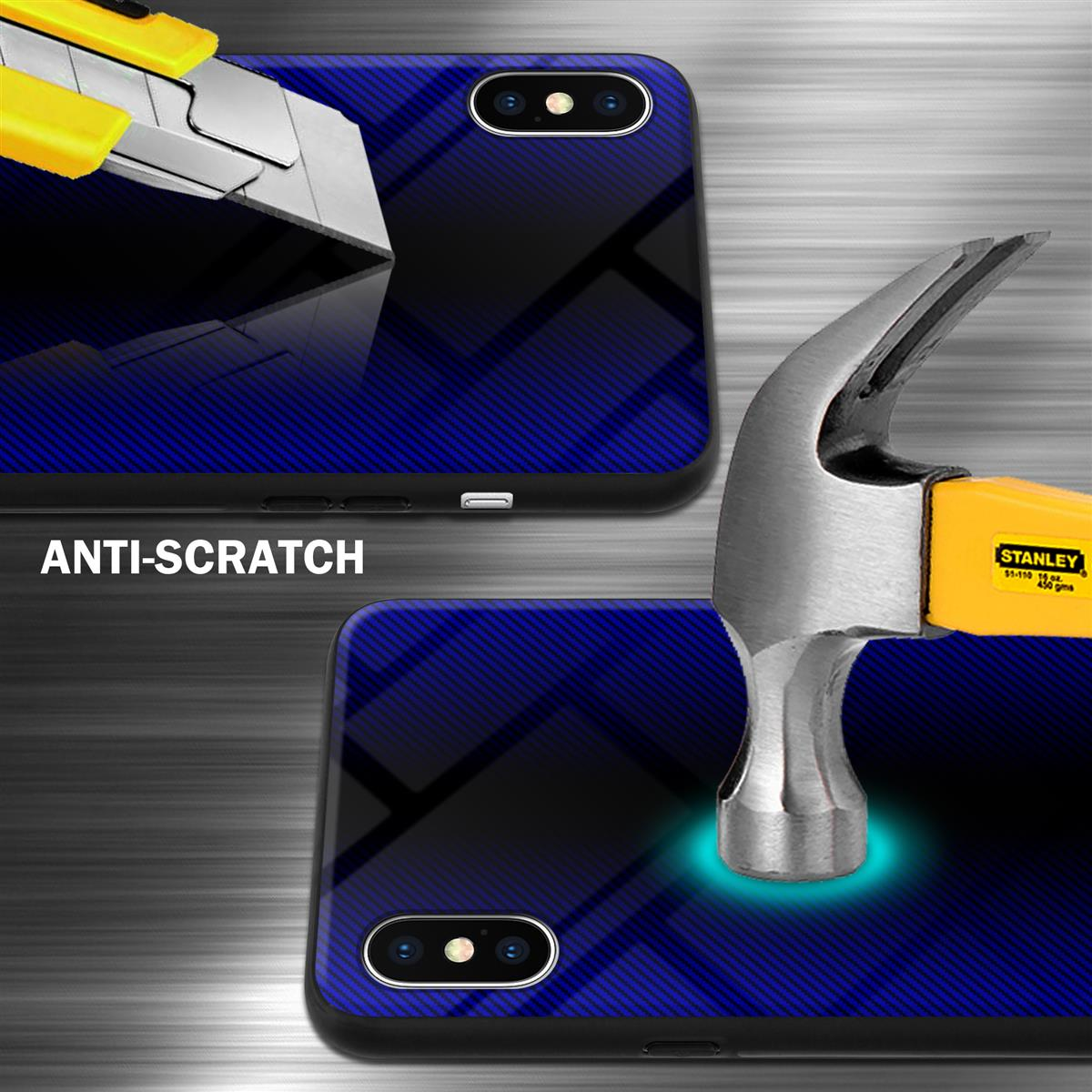 Zwei Telefone mit blauem Carbonfaser-Design werden gezeigt; eines wird mit einer Klinge geschnitten, das andere von einem Hammer.