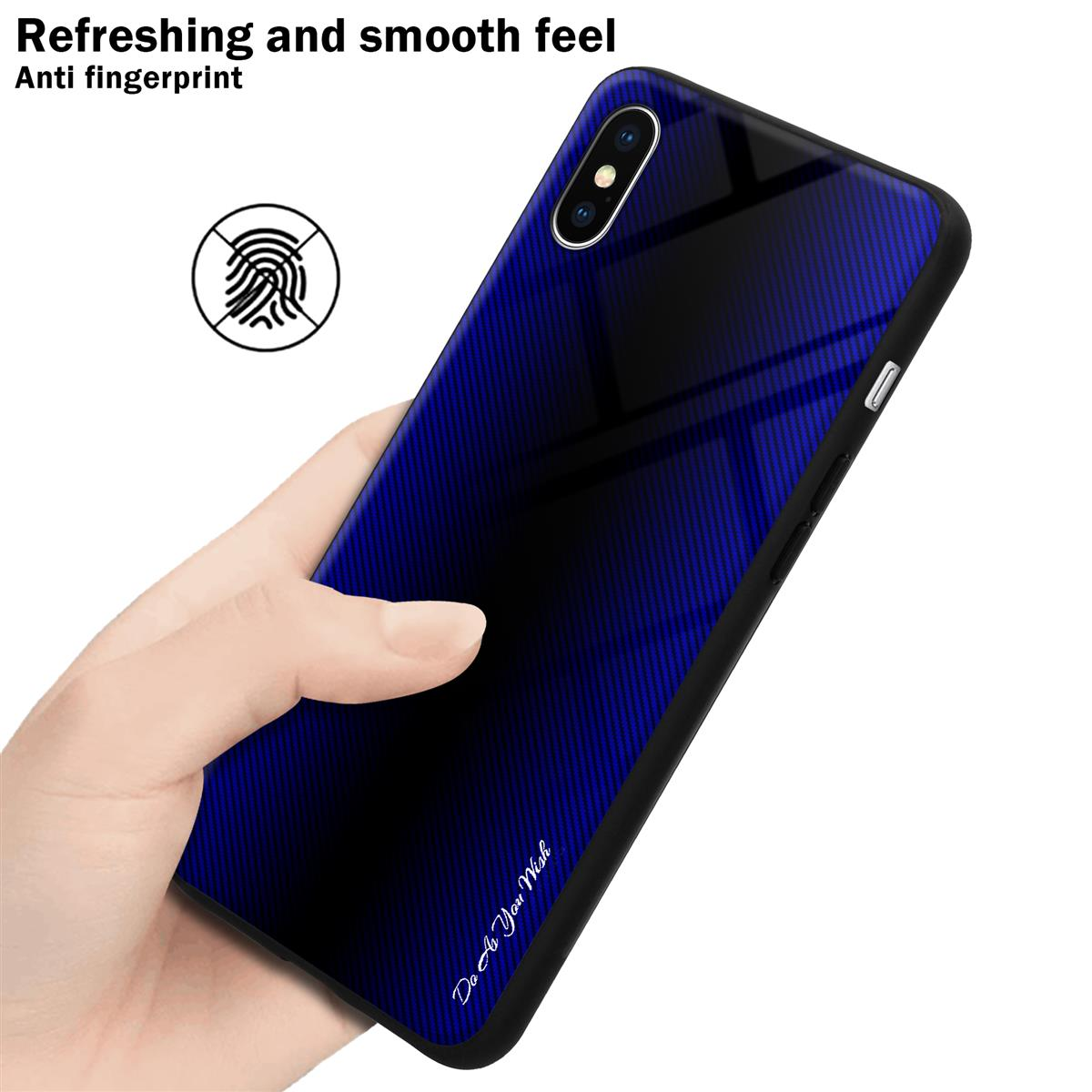 Hand hält eine blau-schwarze Handyhülle. Die Hülle hat eine Glasoberfläche, schwarzen Rand und Text 'Do As You Wish'.
