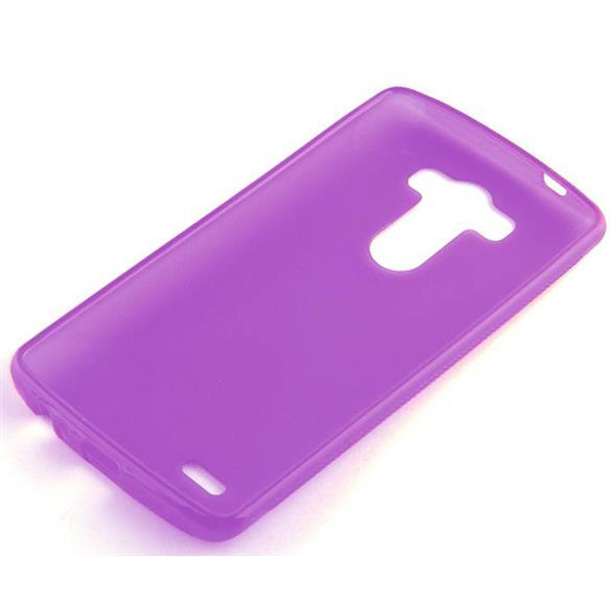 Funda de teléfono morada. La funda tiene un agujero para la cámara. La funda está sobre un fondo blanco.