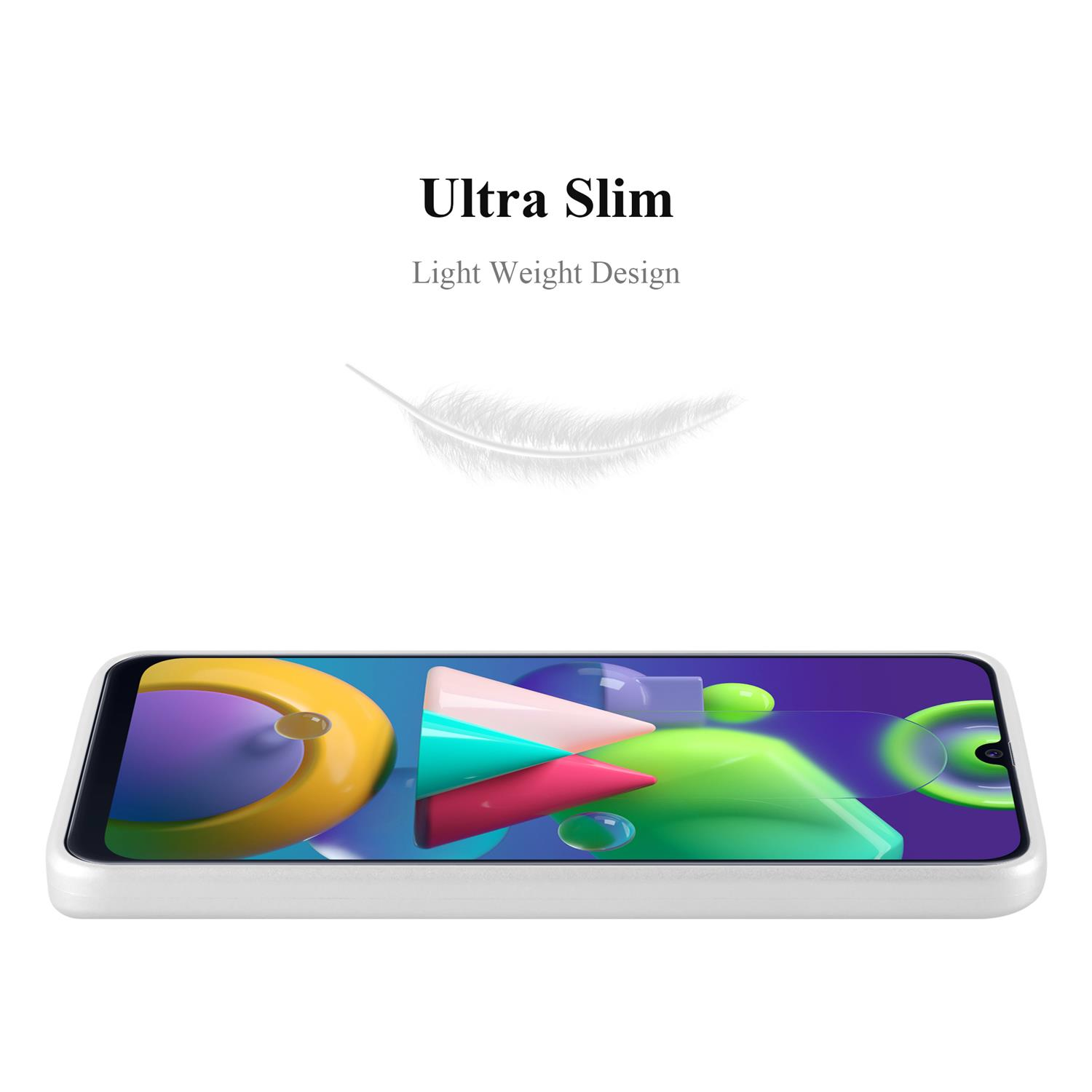 Telefono in custodia, ultra sottile, con grafica a piuma e sfondo bianco.