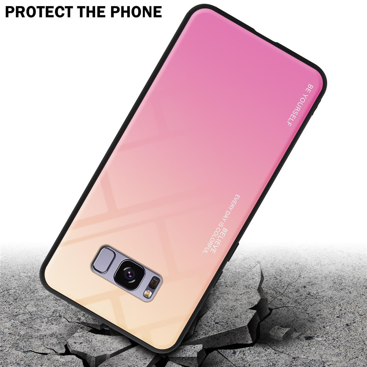 Custodia con gradiente rosa e giallo, su terreno crepato. Testo 'BE YOURSELF' e 'PROTECT THE PHONE'.