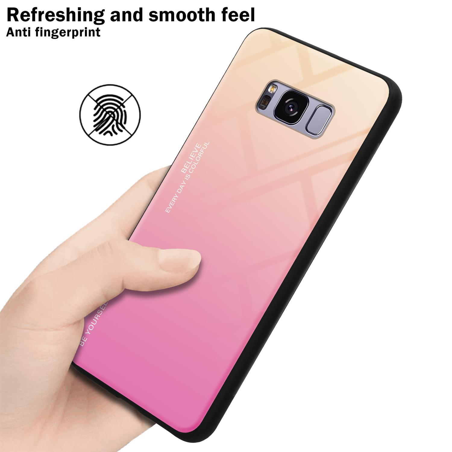 Mano che tiene una custodia per telefono con sfumatura rosa e gialla, con testo 'Anti-fingerprint'.
