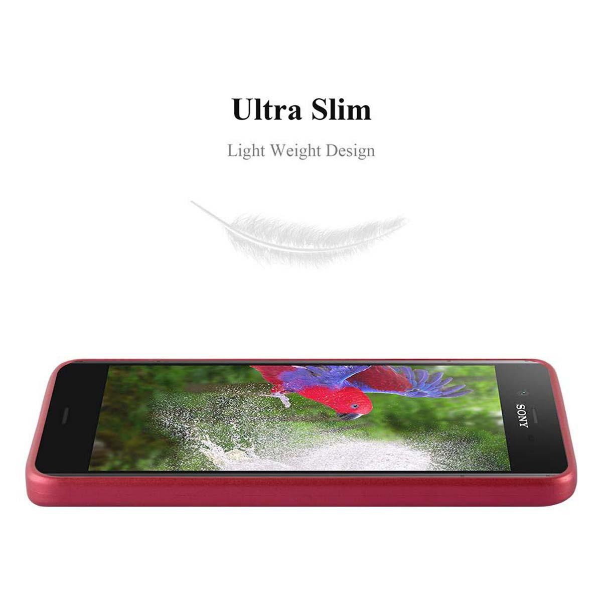 Rotes Telefon, Ultra Slim, mit einer Feder. Der Bildschirm zeigt eine Papageien-Szene.