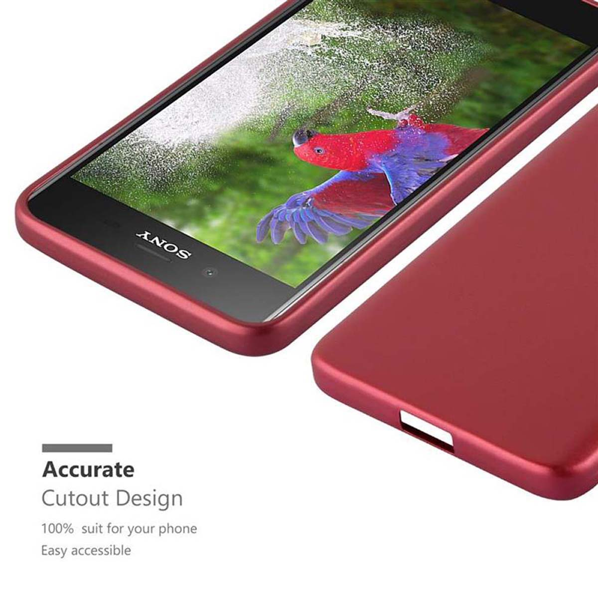 Eine rote Handyhülle auf einem Telefon. Text: Genaues Ausschnitt-Design, 100% passend für Ihr Telefon.