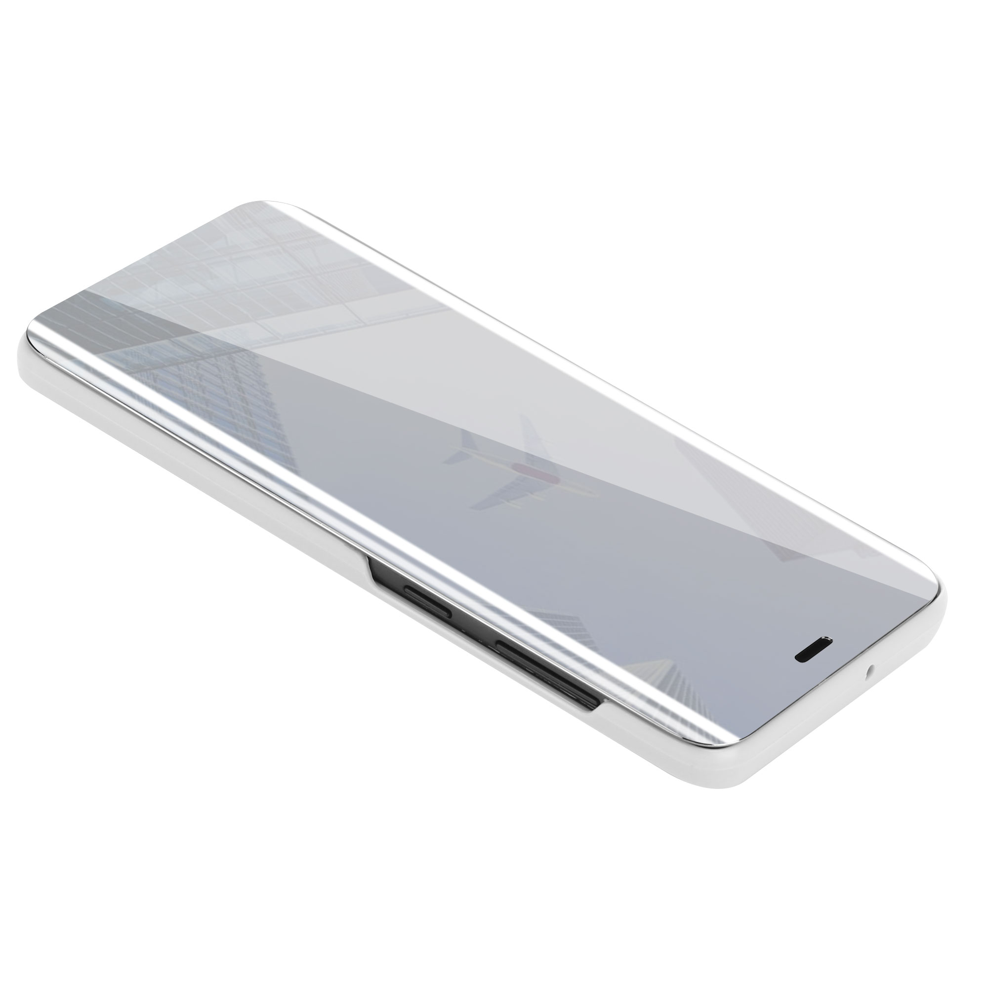 Eine reflektierende Handyhülle wird gezeigt, die den Bildschirm des Telefons zeigt. Die Hülle ist weiß, das Telefon silber.