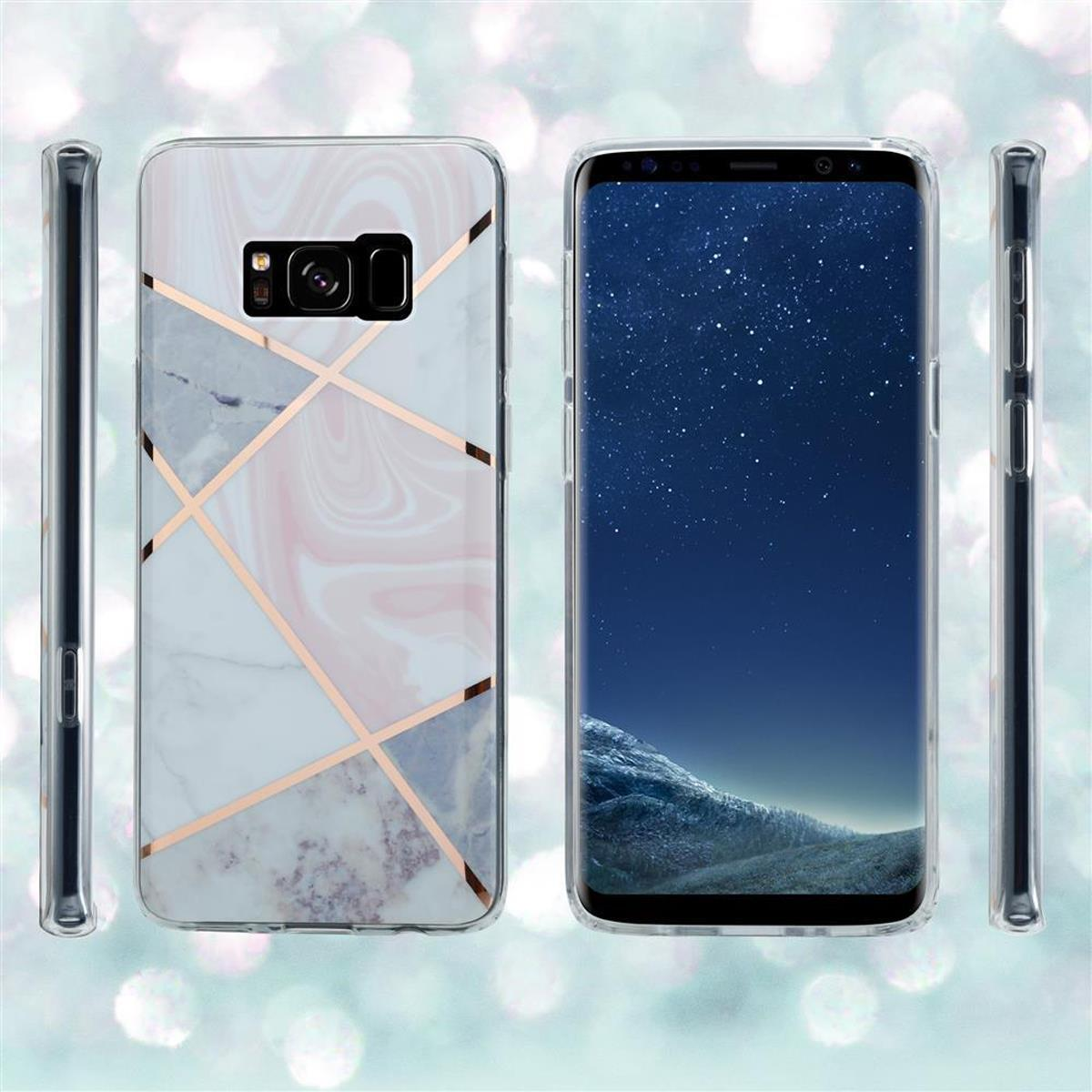 Telefono e custodia su sfondo chiaro. La custodia ha un design bianco e marmorizzato con linee dorate.