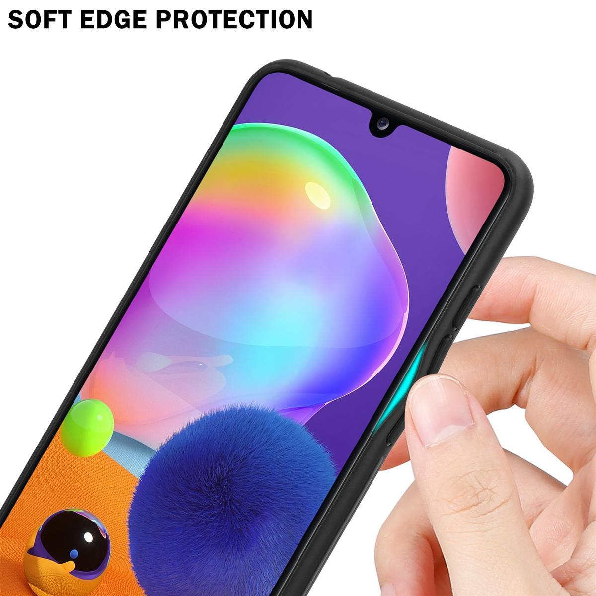 Nahaufnahme eines Telefonbildschirms in einem schwarzen Gehäuse. Eine Hand hält das Gehäuse.