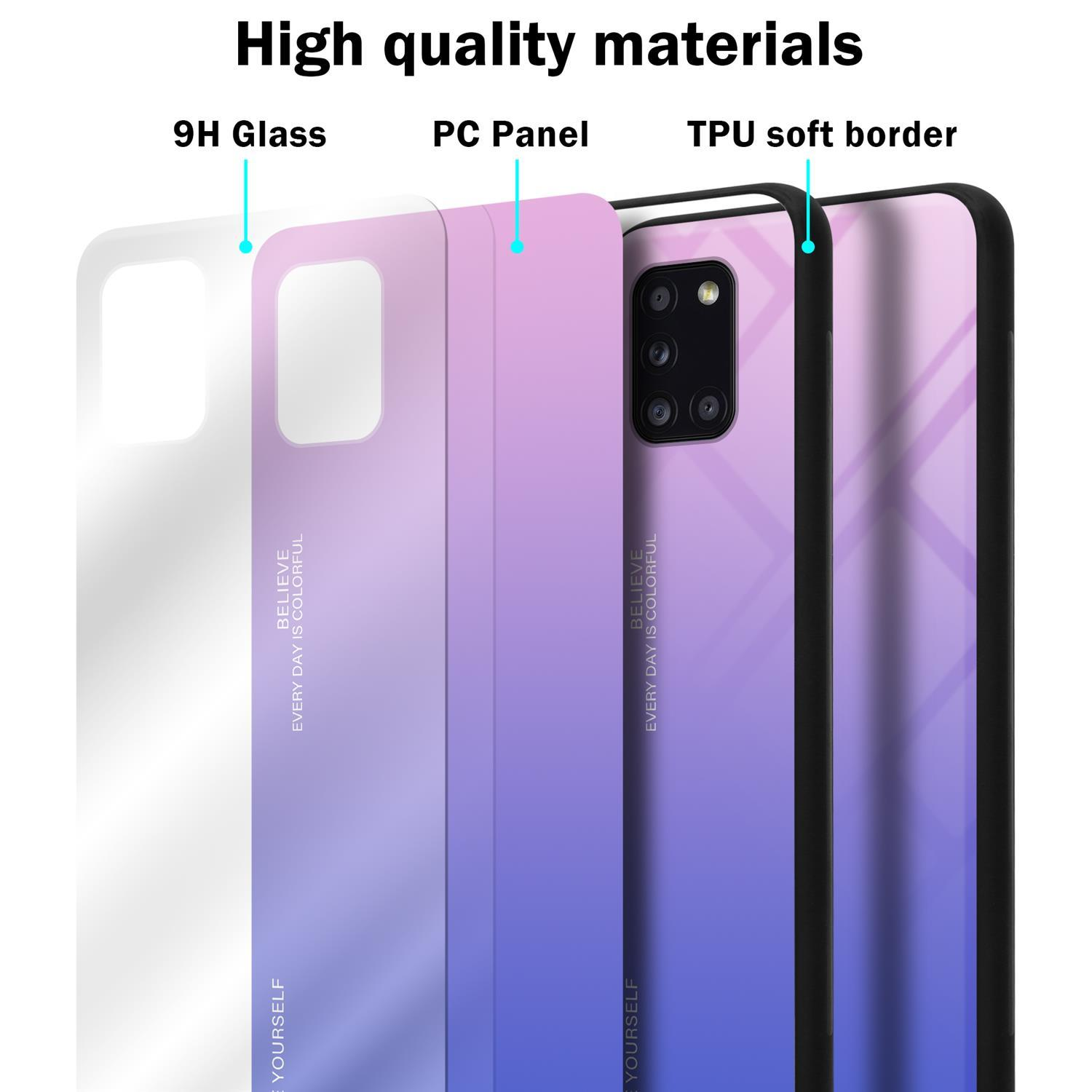 Die Handyhülle wird in Schichten gezeigt: 9H Glas, PC-Panel und TPU-weicher Rand. Text: Hochwertige Materialien.