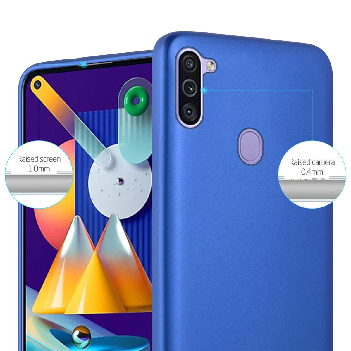 Blaue Handyhülle Nahaufnahme. Etiketten zeigen 1,0 mm erhöhten Bildschirm und 0,4 mm erhöhten Kameraschutz.