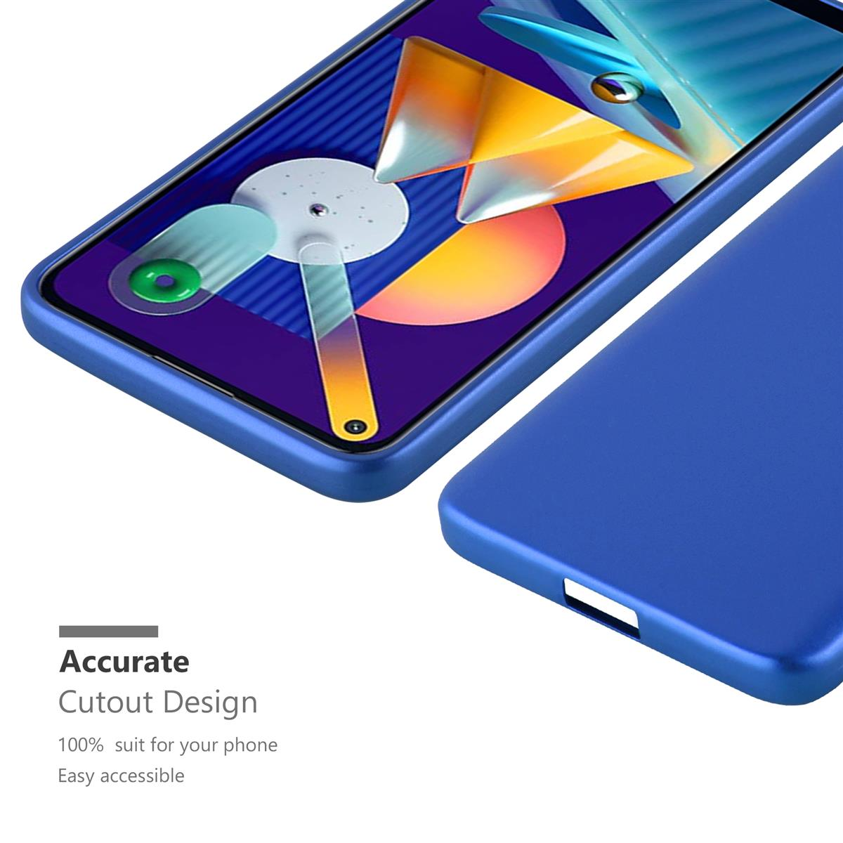 Eine blaue Handyhülle und ein Telefon. Die Hülle hat Aussparungen für Tasten und Anschlüsse. Es ist blau.
